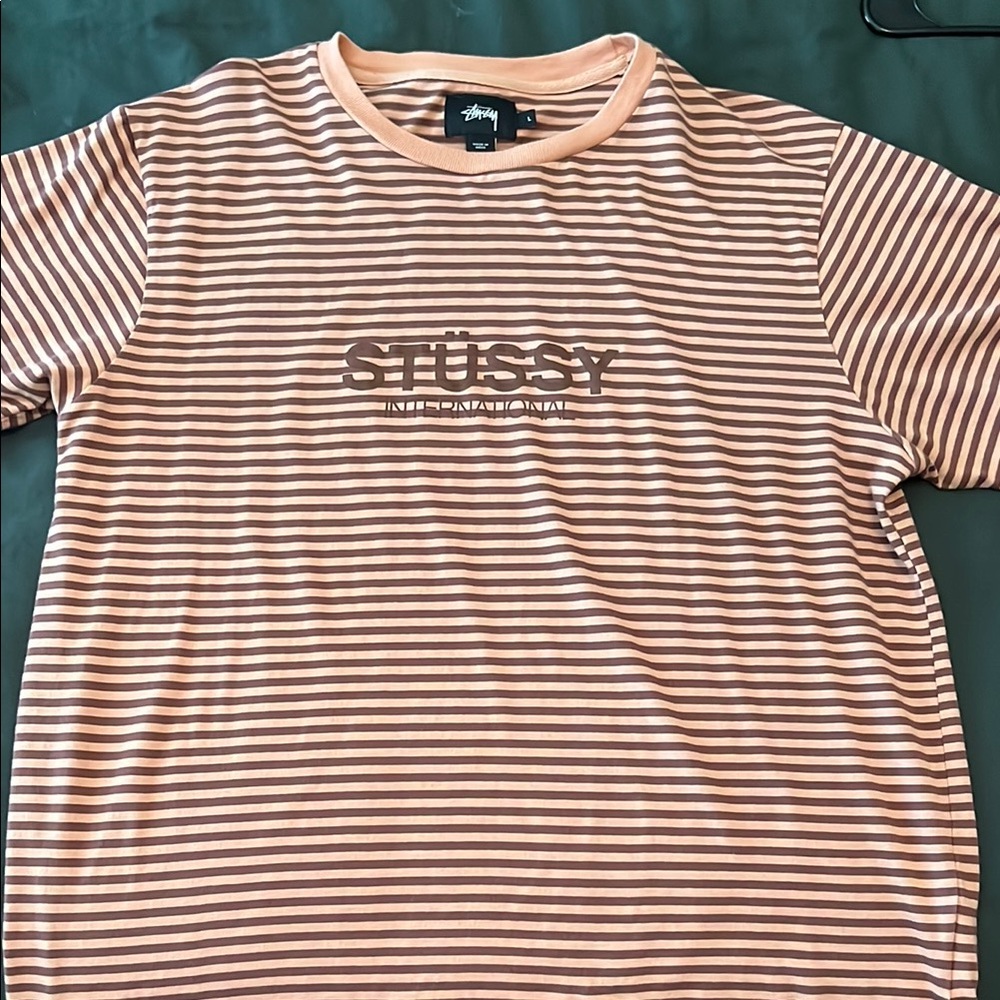 Stussy Men's Striped Tan T-Shirt